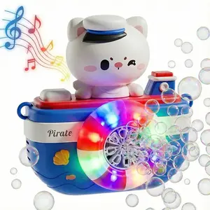 Cute Captain Cat Bubble Machine, Automatic Bubble Maker, Suitable for Kids Aged 3+, Outdoor Family Fun Toy, Birthday Gift, Includes Battery and Bubble Solution
