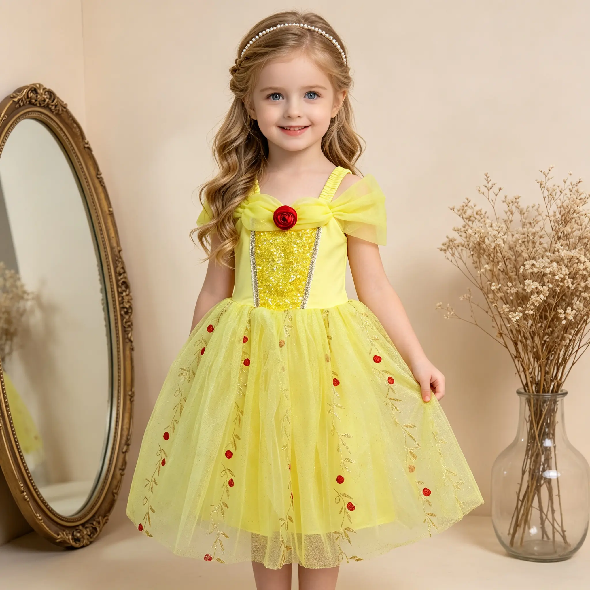 Girls Yellow Princess Dress Off Shoulder Spaghetti Strap Sequin Bodice Red Rose Decor Tulle Gown, Little Girls Birthday Party Halloween Cosplay Costume Outfit
