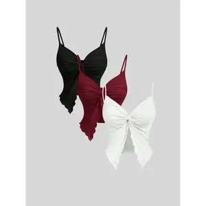 Women’s solid cami top with butterfly sleeves and tie shoulder, casual adjustable spaghetti strap summer top, ladies’ clothing for daily wear