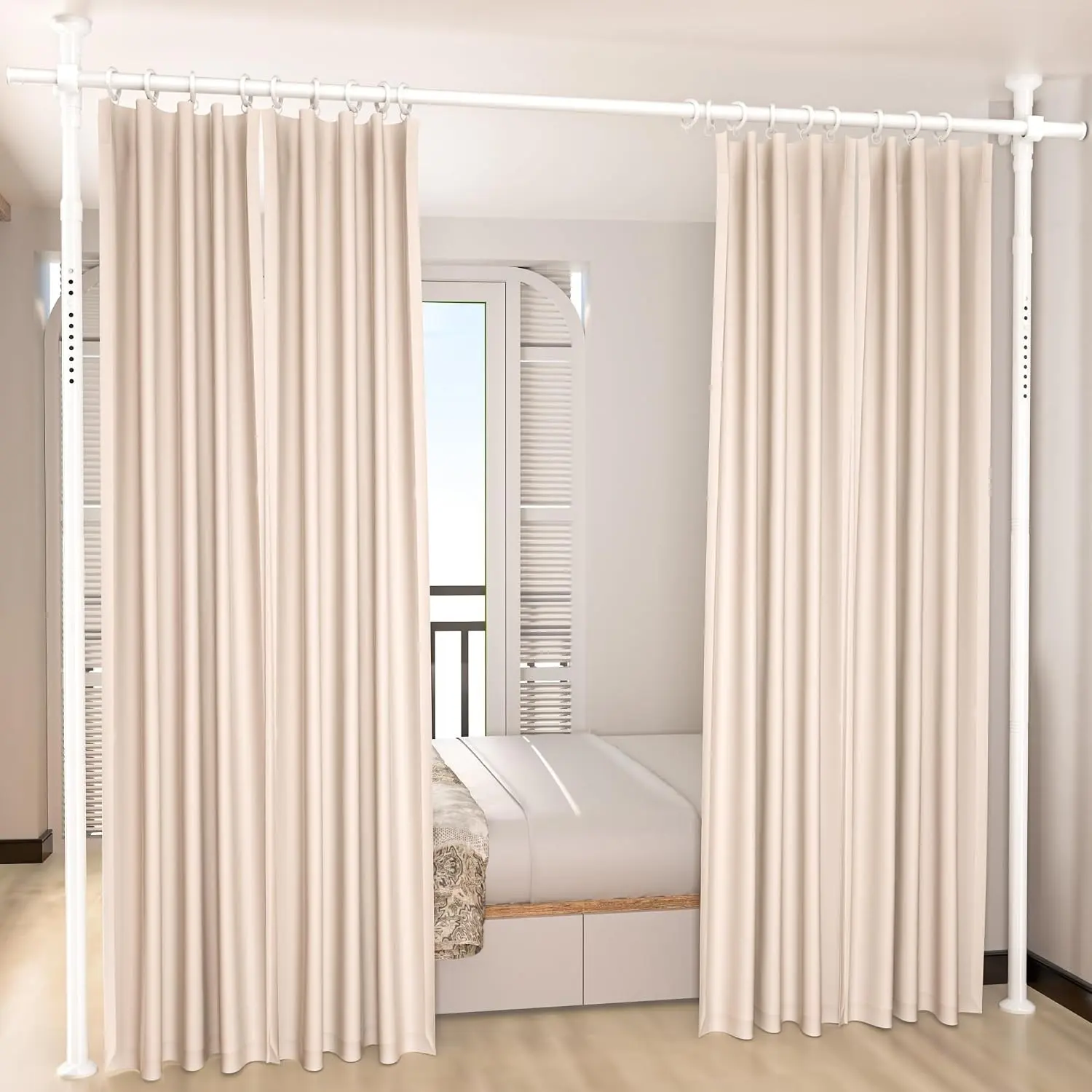 Room Divider, Tension Curtain Rod No Drilling,4-10ft(H) 28-70inch(W) Wall Divider for Room Separation, Heavy Duty Room Partition Separator, Adjustable Folding Privacy Screens,White