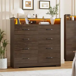 8-Drawer Bedroom Dresser – 47.2” Wide Double Chest with LED Lights & Built-in Charging Station, Modern Large Cabinet Organizer with Open Shelf for Living Room, Entryway, or Hallway