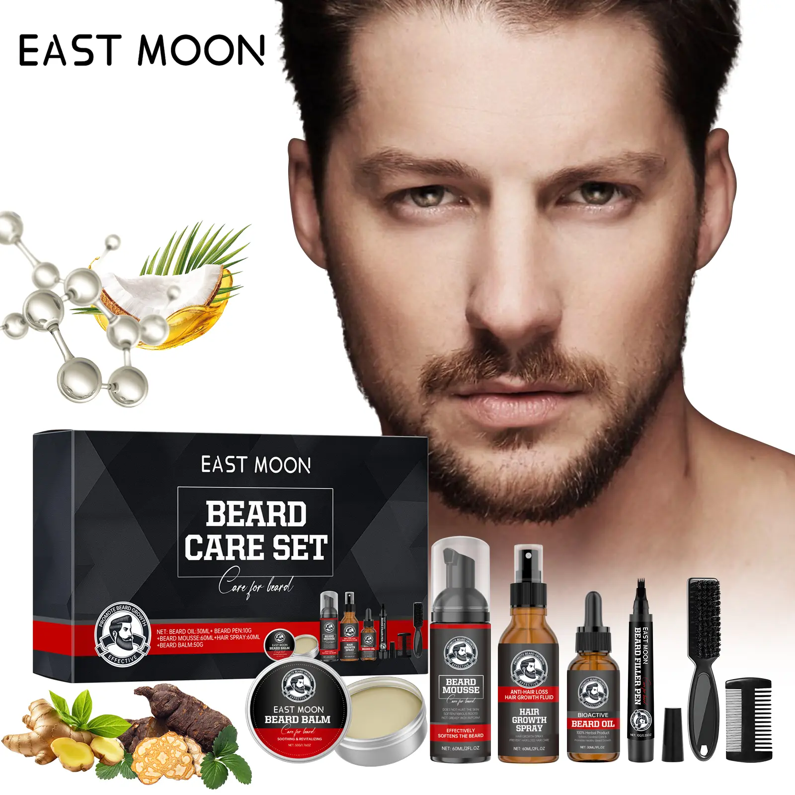 EAST MOON 7-Piece Beard Grooming Kit for Men with Beard Oil, Balm, Mousse, Spray, Filler Pen, Brush and Fine-Tooth Comb