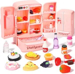 17 Pieces Dollhouse Refrigerator Mini Fridge Toy with Mini Food Set Dollhouse Kitchen Furniture Food Toys Dollhouse Miniatures Kitchen Decorations Bottles Fruit Dessert for Children (Lovely Style)