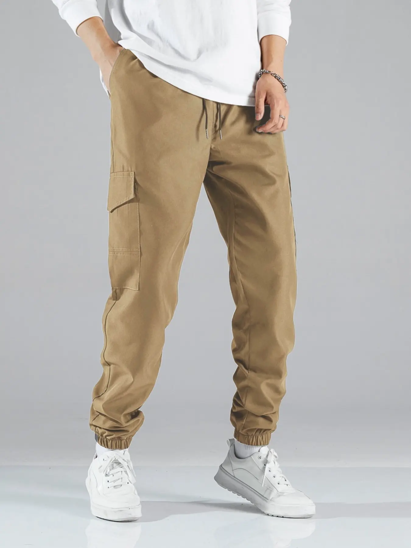 Men's Cargo Jogger Pants, Casual Elastic Waist Drawstring Trousers with Multi Pockets, Loose Fit Outdoor Hiking Joggers, Streetwear Tech Pants for Daily & Workout