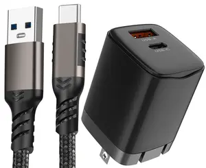 USB-C Phone Charger Combination, Nakedcellphone 20W Dual Port Wall Charger and Rugged Cable (Short 1ft Cord) Compatible with iPhone 16 Pro Max, Galaxy S24 Ultra, Z Fold 6, Z Flip 6, RAZR 2023 2024