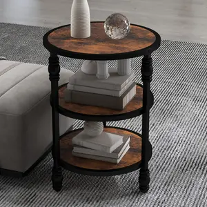 OUTGOODS Brown 3-Tier Round Side Table, Industrial Accent Table with Storage Shelves & Metal Legs, Small Space Corner Nightstand for Living Room & Bedroom