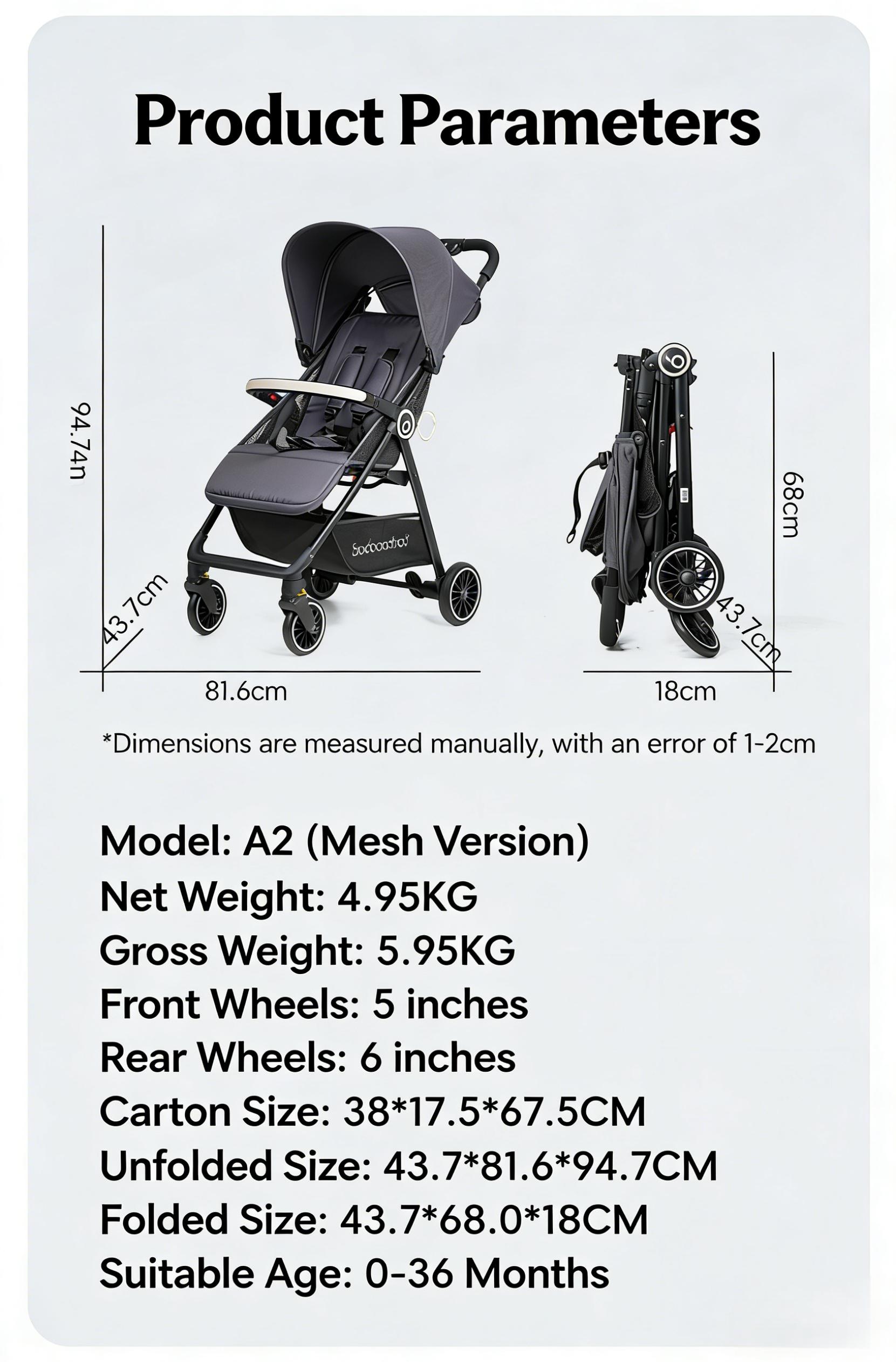 BAOBAOHAO A2-Baby Pushcart Sit or Recline, Lightweight and Foldable, Portable Umbrella Stroller, Suitable for Newborns, High-view Stroller, One-touch Folding, Four-wheel Suspension, Breathable Mesh Fabric for Summer, Airline-approved