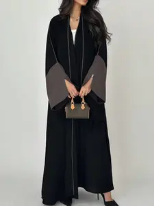 Contrast Trim Open Abaya, with Coffee Wide Sleeve, Loose Fit Modest Islamic Kaftan, Elegant Outerwear for Ramadan, Eid & Everyday