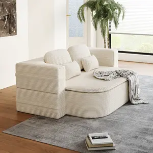 75'' 2-in-1 Foldable Sofa, Convertible Sleeper Foam Sofa Bed with Multi Functional Blanket, Corduroy Floor Folding Sofa Bed,  Floor Sofa Lounge Sofa for Living Room Bedroom Lounge Studio Square Arm Couch White