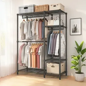 Black Heavy Duty Metal Clothes Rack, 114cm×43.5cm×194cm Freestanding Closet Organizer with 6 Adjustable Wire Shelves & 3 Hanging Rails, Portable DIY Adjustable Clothing Storage Rack for Bedroom Living Space Home Organization