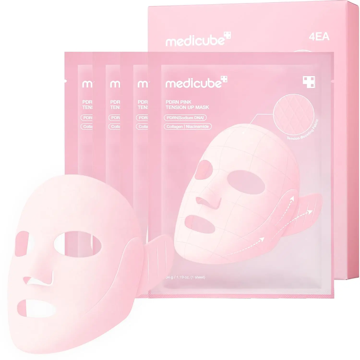 [Official Medicube Partner] PDRN Pink Lift Up Mask 4ea - 3-Step Contouring Mask | Full-Face Firming Care with Salmon PDRN, NAD & Caffeine