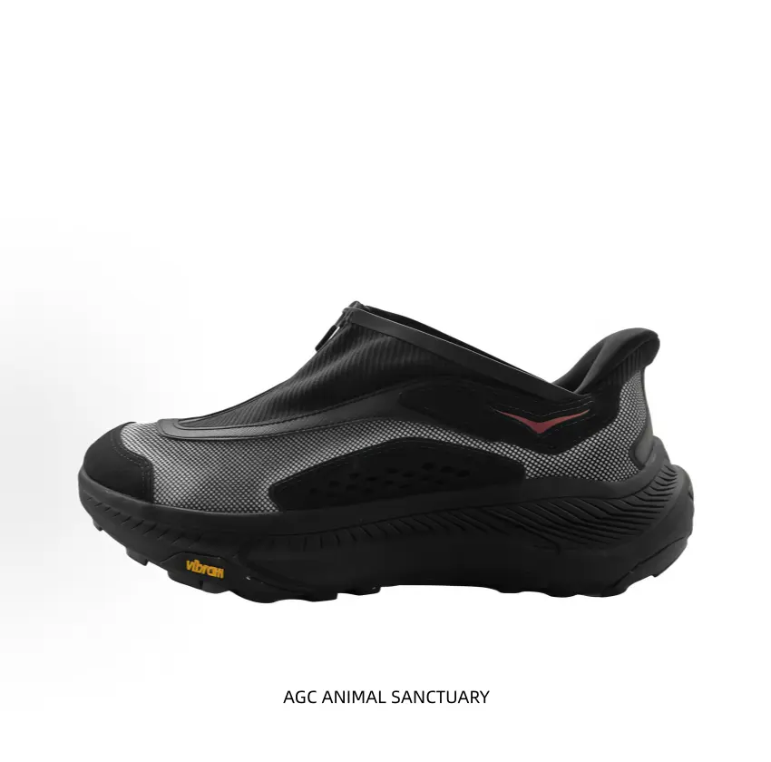 Black slip-on mule hiking shoes with red logo, Vibram outsole for outdoor camping & gorpcore daily style.