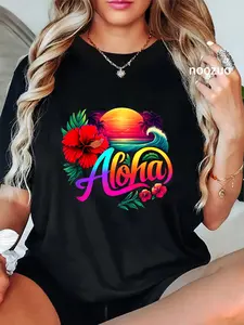100% Cotton Aloha Hawaii Retro Sunset Vintage Hawaiian Beach Flower T-Shirt