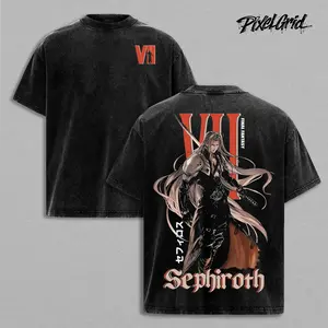 Sephiroth Final Fantasy VII Graphic T-Shirt Washed Oversized Tee, Vintage Anime Gamer Villain Shirt with Retro Gaming Tee Style, Dark Fantasy Character Game Design for RPG Fans, Casual Streetwear Top for Men and Women