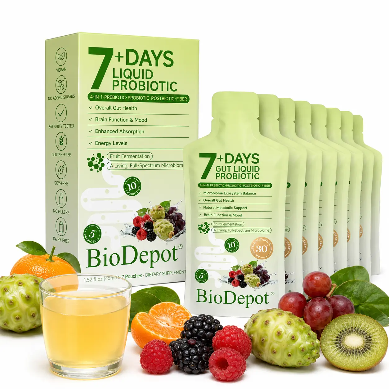 BioDepot Synbiotic Liquid Probiotic+Prebiotic Dietary Supplement, 7-Day Daily Wellness Drink with Fruit, Botanical & Raspberry Fiber Blend, Sugar-Free, Vegan Fermented Gut Health Support Supplement