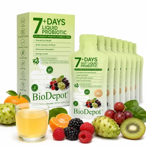 BioDepot Synbiotic Liquid Probiotic+Prebiotic Dietary Supplement, 7-Day Daily Wellness Drink with Fruit, Botanical & Raspberry Fiber Blend, Sugar-Free, Vegan Fermented Gut Health Support Supplement