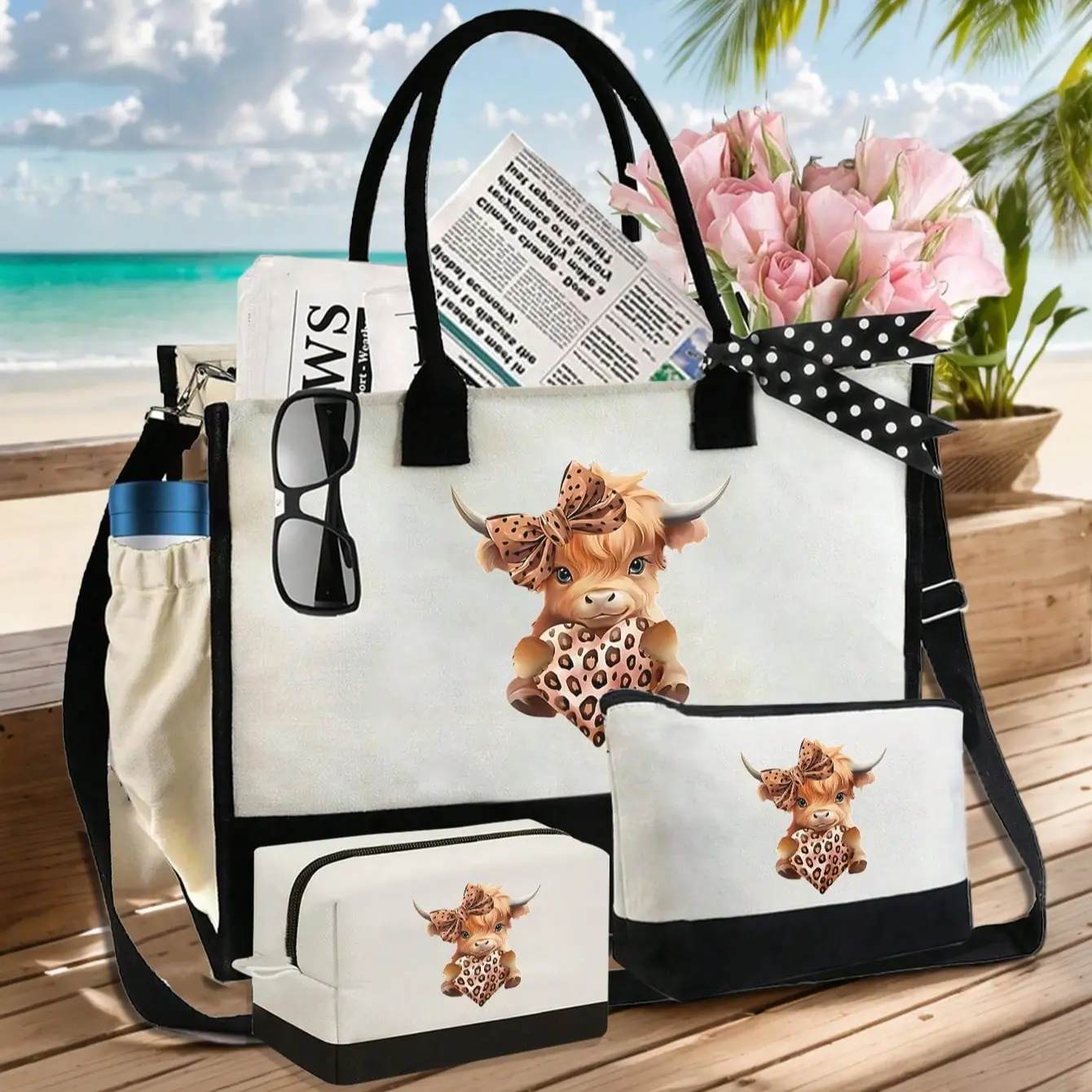 Cute Highland Cow Theme Handbag Set, Includes One Handbag and Coin Purse, Bow Leopard Print Design, Large Capacity Shoulder Bag, Tote Bag