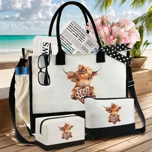Cute Highland Cow Theme Handbag Set, Includes One Handbag and Coin Purse, Bow Leopard Print Design, Large Capacity Shoulder Bag, Tote Bag