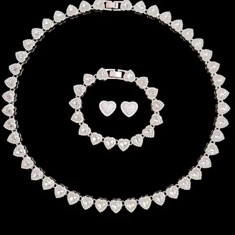 3Pieces/Set Women Hip Hop Heart Chain Necklace & Bracelet & Artificial Ziron Earrings, Fashion Jewelry Gift for Women, All-Season Street Style Accessories, Jewelry Sets