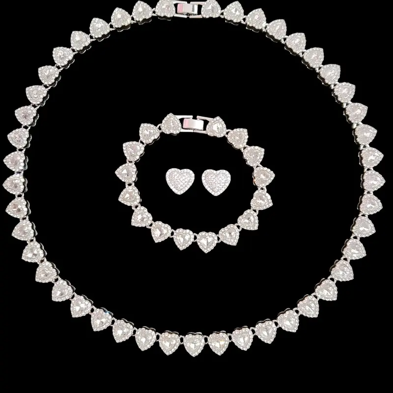 3Pieces/Set Women Hip Hop Heart Chain Necklace & Bracelet & Artificial Ziron Earrings, Fashion Jewelry Gift for Women, All-Season Street Style Accessories, Jewelry Sets