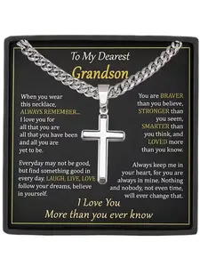 To My Grandson Cuban Chain Dainty Cross Necklace with Crucifix Pendant, Includes Box and Card, Birthday Christmas, Birthday Gift Jewelry, Jewelry Gifts