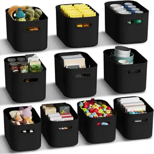 10 Pack Black Plastic Storage Bins, Storage Containers for Organizing, Storage Boxes with Handle for Shelves, Cute Organizer Bins for Craft, Snacks, Pantry Cabinet, 9.69x6.7x5.7 inch
