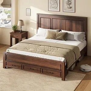 [FebruaryStockUpSale] AMERLIFE Farmhouse Bed Frame with 52.2" Tall -Panel Headboard & Footboard, Wood Platform Bed Frame with 3 Large Storage Drawers, No Box Spring Needed, Unique Bedroom Furniture