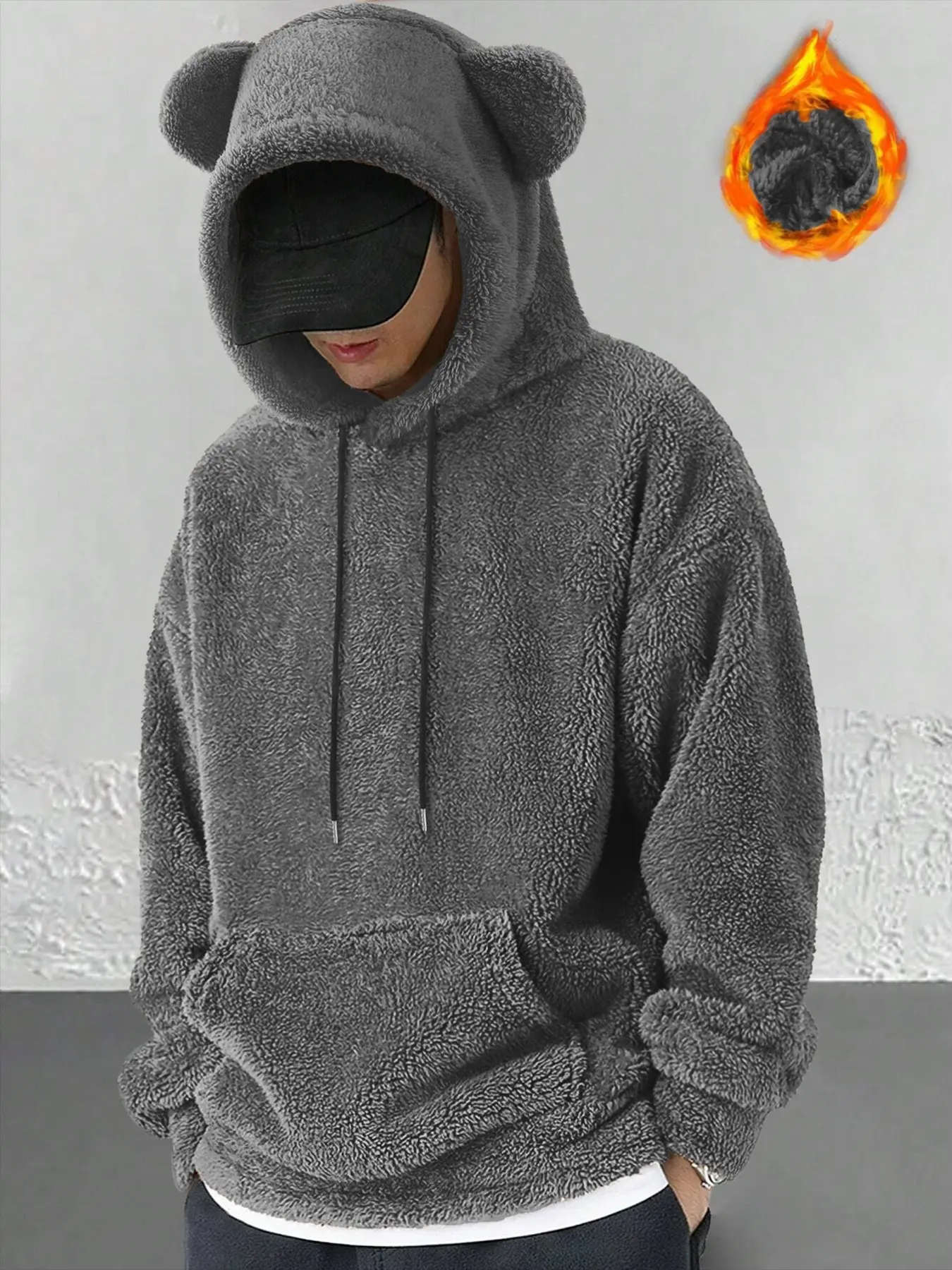 Men's Bear Ear Hoodie Sweatshirts, Soft Fleece Lined Loose Fit Pullover, Warm Winter Casual Wear, Cute Design, Kangaroo Pocket, Comfortable Fashion Essential