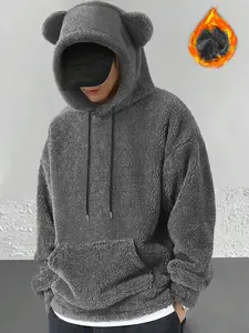 Men's Bear Ear Hoodie Sweatshirts, Soft Fleece Lined Loose Fit Pullover, Warm Winter Casual Wear, Cute Design, Kangaroo Pocket, Comfortable Fashion Essential