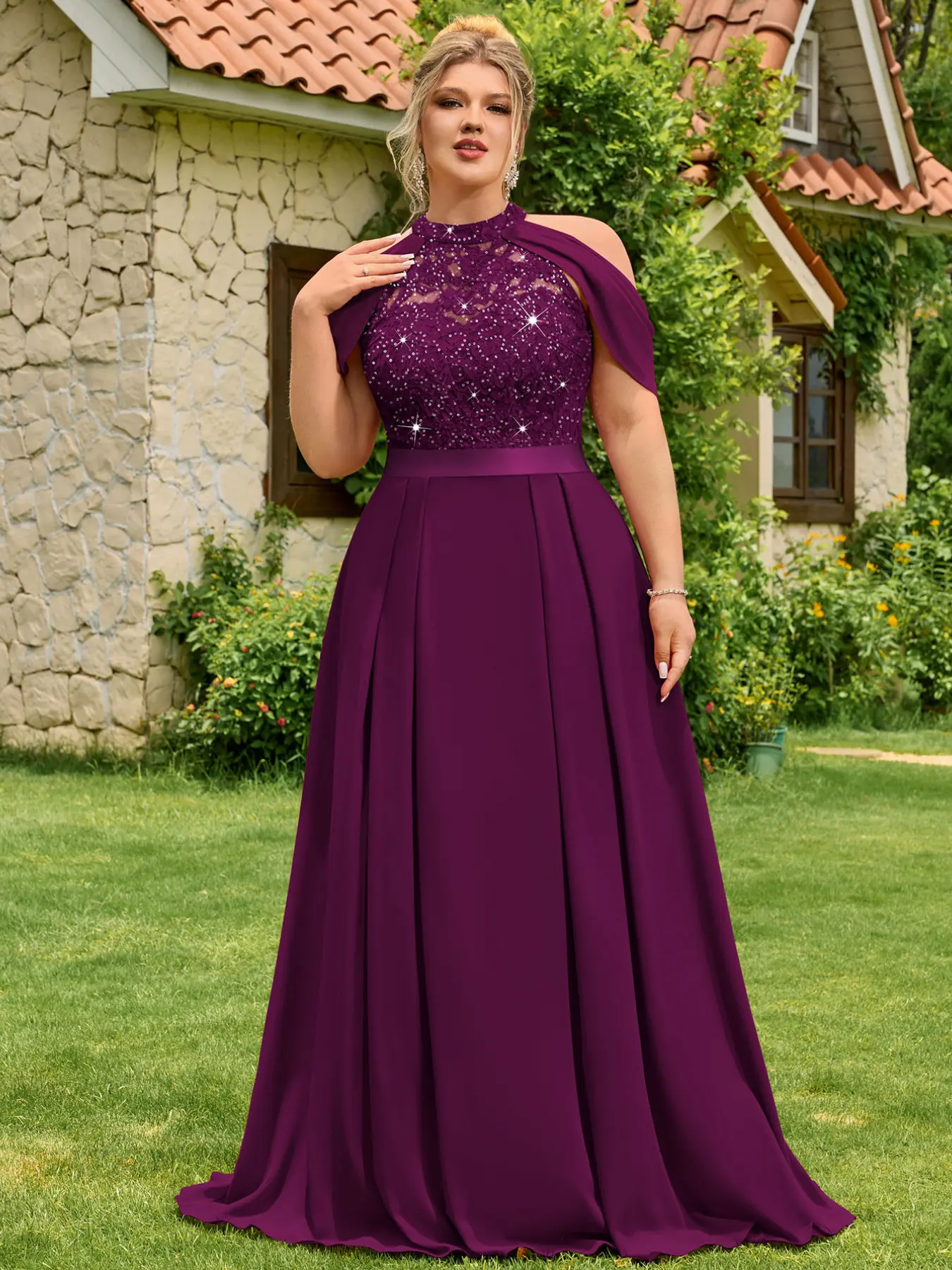 MISSMAY P25636A Plus Halter Neck Sequin Floral Lace Cutout Shoulder Cape  Sleeve Contrast Chiffon Pleated Hem Formal Party Dress Prom Wedding Guest  Gown, For Valentine, Graduation, Dinner - TikTok Shop