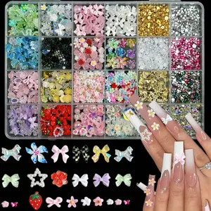 1Box Dopamine Colored Resin Flower Bow Nail Charms Semi-circular Rhinestones Pearl Mini Shell Feather Flakes Mixed Nail Decor DIY Elegant Rhinestone Decorated