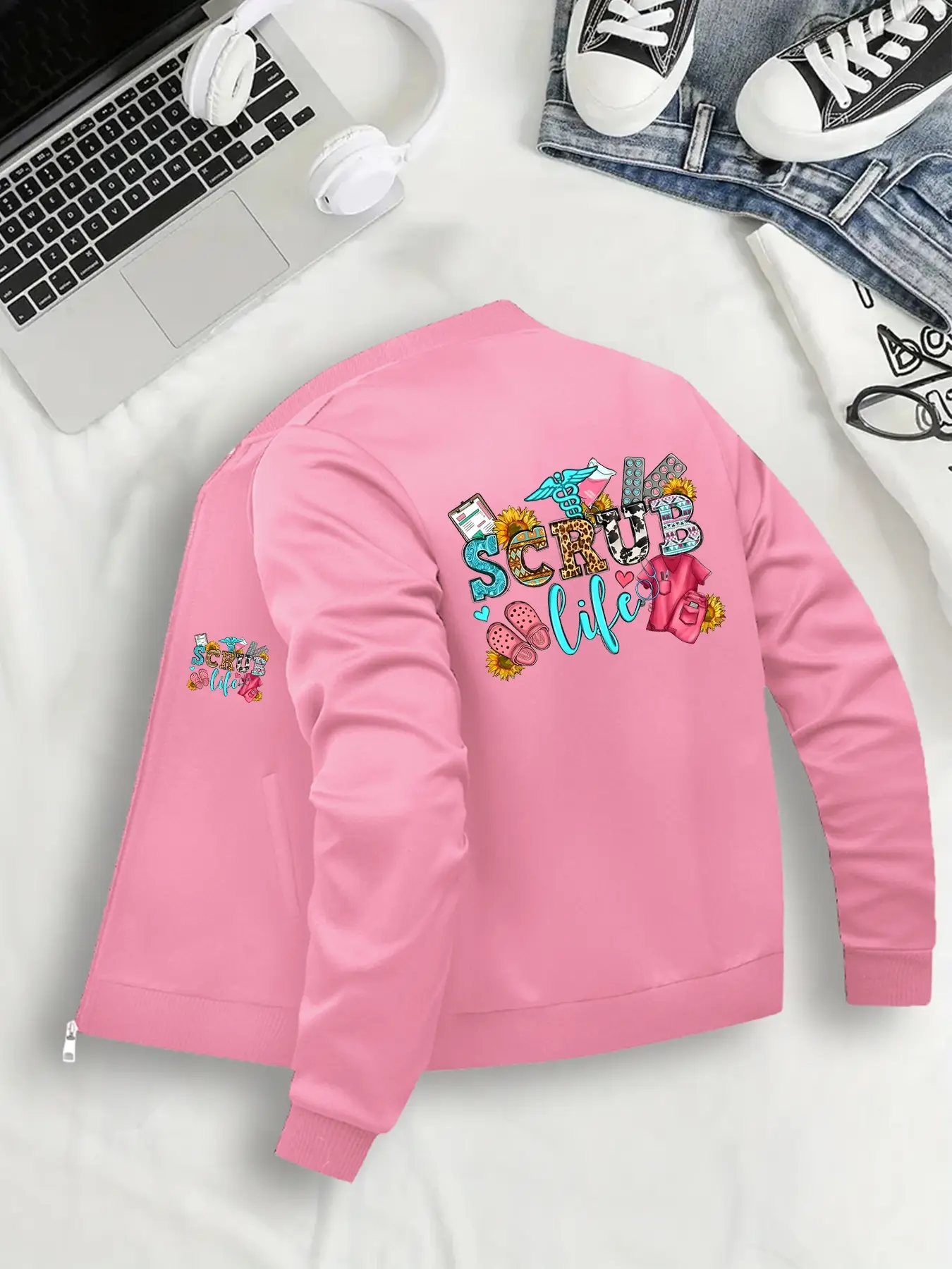 Stylish Women's Jacket Coats Outerwear Womenswear with 'scrub Life' Graphic Pattern, Dynamic Zippy Jacket, Fitted Casual Long Sleeve Design with Zipper and Pockets, Layered Look for All Seasons