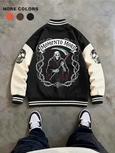 Men's Baseball Jacket 100% Polyester Durable Wind-Resistant Black & Apricot Colorblock Skull Grim Reaper Latin Gothic Graphic Varsity Coat Vintage Retro Old-School Casual Sports SWAG Streetwear Light Fleece-Lined Winter Jacket Trendy Gift for Boyfriend