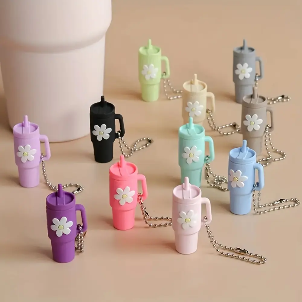 11-Piece Cute Mini Cup Keychain Set - Soft Silicone Flower Motif, Aluminum Alloy Chain, PP Material Multipack, Assortment Kit Charms for DIY Jewelry Making & Gifting