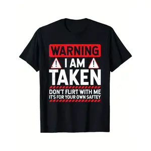 Men's Funny Taken Husband Warning T-Shirt - Don't Flirt with Me Graphic - Black with Red/White Caution Signs - Married Status Apparel - Regular Fit Casual Everyday - Machine Washable All-Season Top, Humorous Husband Gift Tshirt