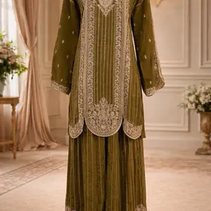 Chinon Silk Embroidered Designer Palazzo Suit with Detailed Resham Zari Free Size 38 42 for Elegance Womenswear Long Sleeve