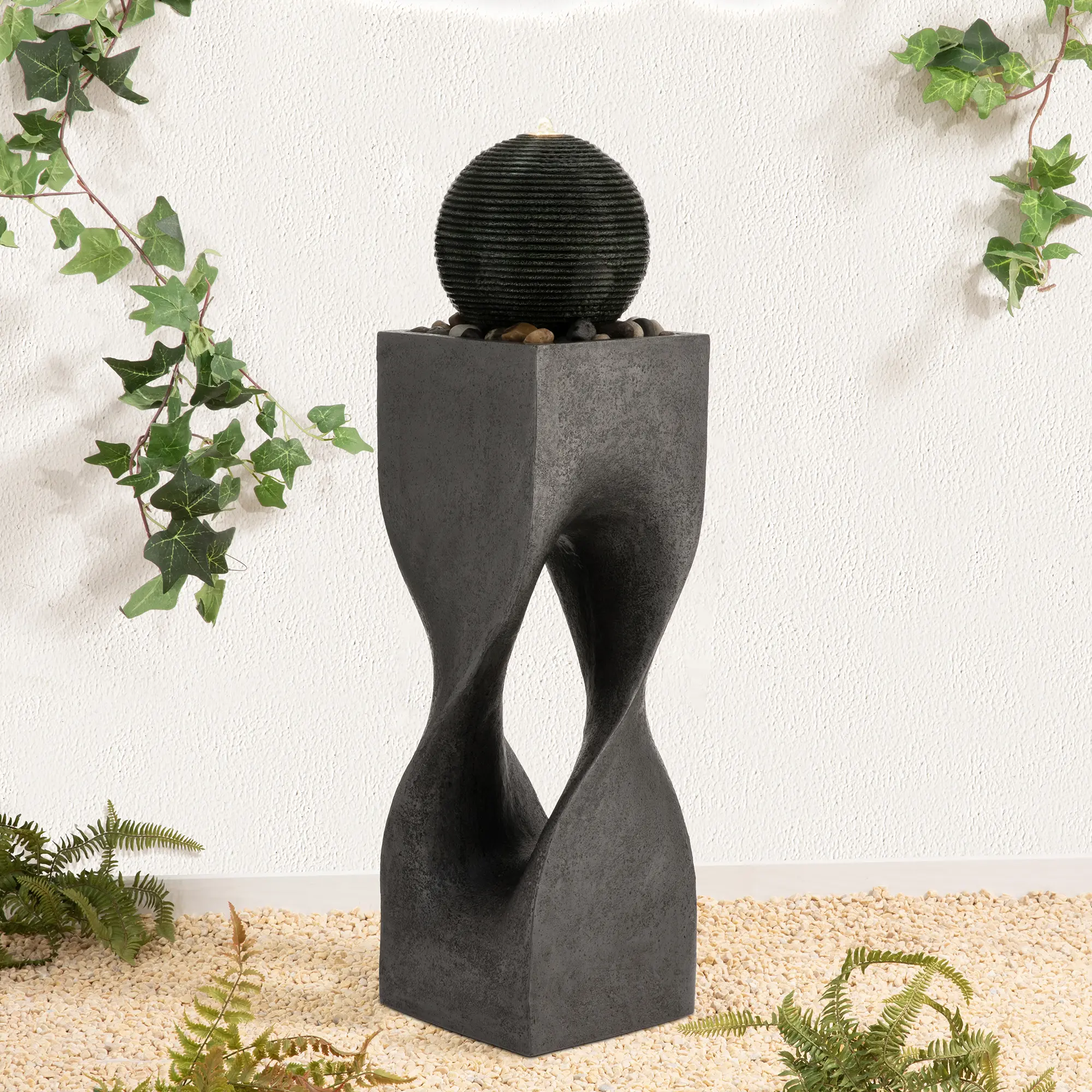 Glitzhome 36.5"H Minimalist Geometric Polyresin Outdoor Pedestal Fountain with Sphere, Pump, LED Lights, Streamlined Falling Water, 0.3W, 110V, 6ft Power Cord, Water Sound, Manufacturer Warranty (KD)