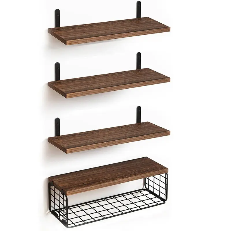 4-Piece Wall-Mounted Floating Wood Shelves Set with Metal Brackets and Wire Storage Basket, Home Decor Storage Ledges for Bathroom, Bedroom