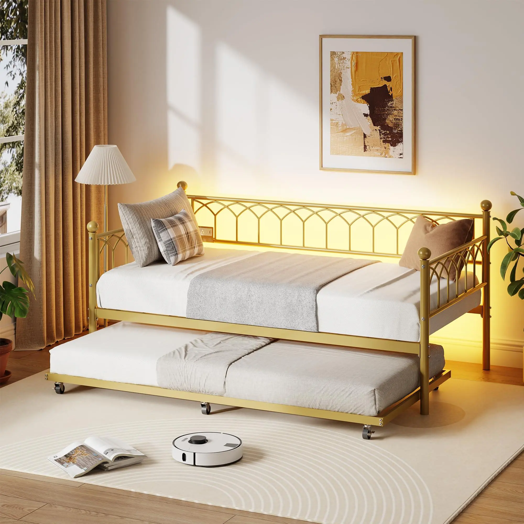 Gold Twin Size Daybed with Trundle,Sofa Bed Frame with Charging Station and LED Lights,Heavy Duty Metal Bed Frame,for Small Spaces,Living Room,Bedroom,Apartment