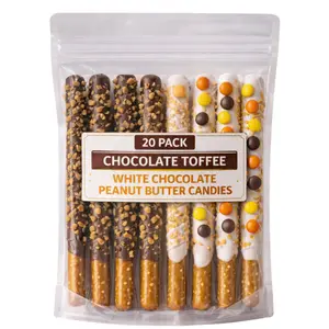 20 Pack Chocolate Covered Pretzel Rods 10 Milk Chocolate Toffee & 10 White Chocolate Peanut Butter Candy Individually Wrapped Gourmet Made to Order Pretzel Sticks Fresh Holiday Party Gift Treats