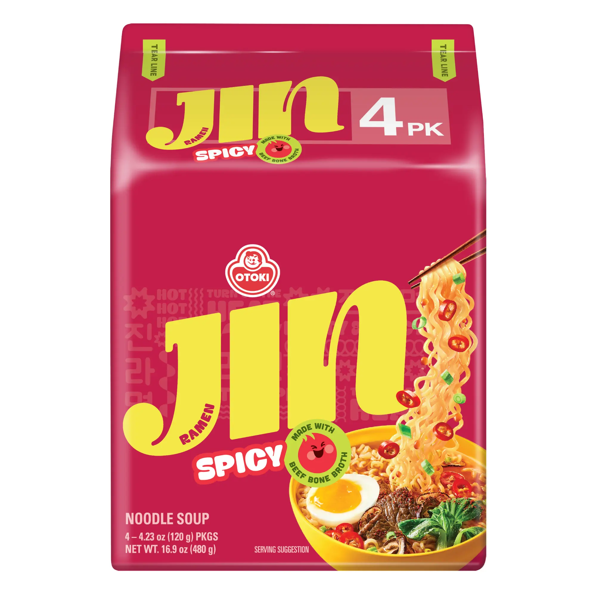 OTOKI Jin Spicy Beef Ramen, Authentic Korean Instant Noodles with Savory Rich Broth, Soy Sauce Seasoning, Salt, Green Tea Extract & Glucose, 4.23oz x 4 Pack, Packaged Bowl Instant Noodles
