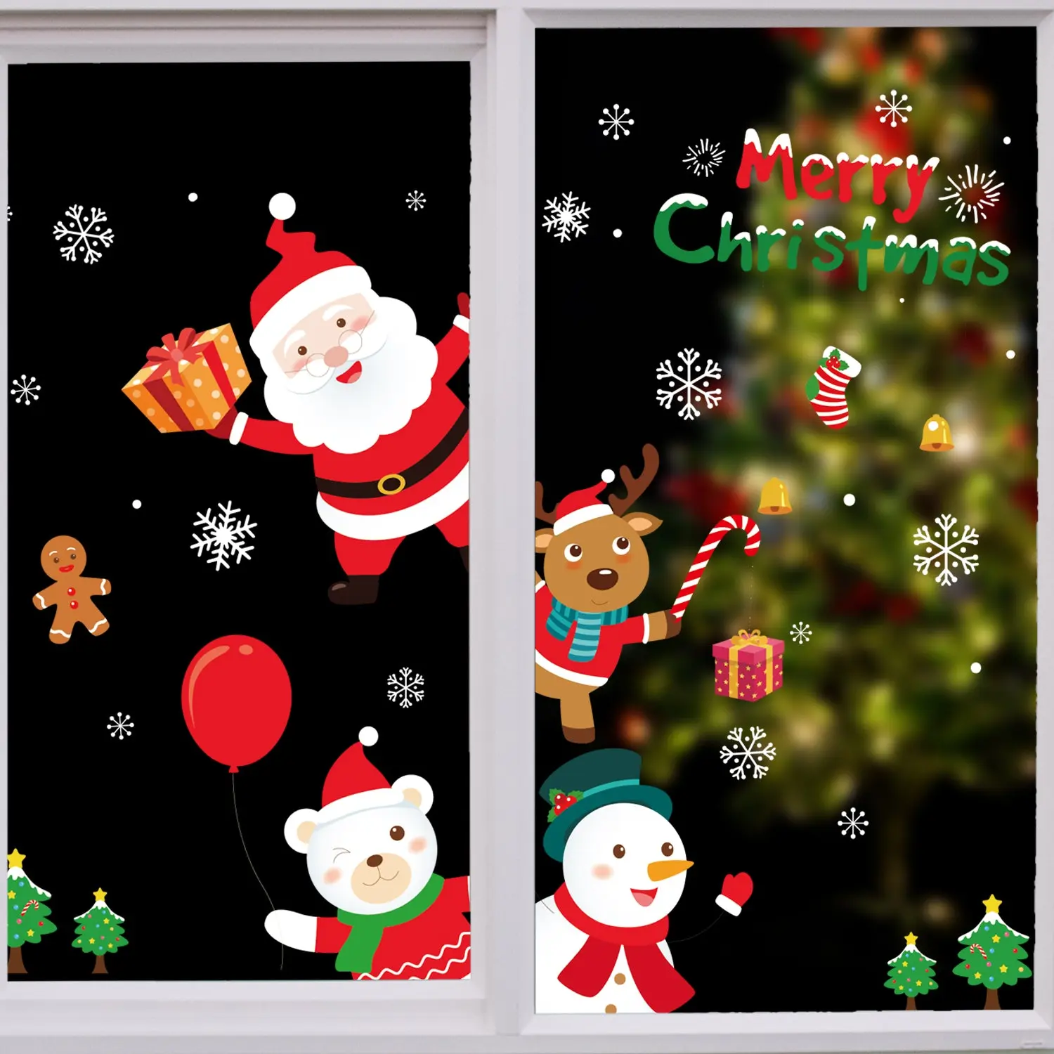 Christmas Window Cling Stickers 27”x19” Santa Claus Snowman Reindeer Xmas Large Decal Shop Window, Showcase Decoration