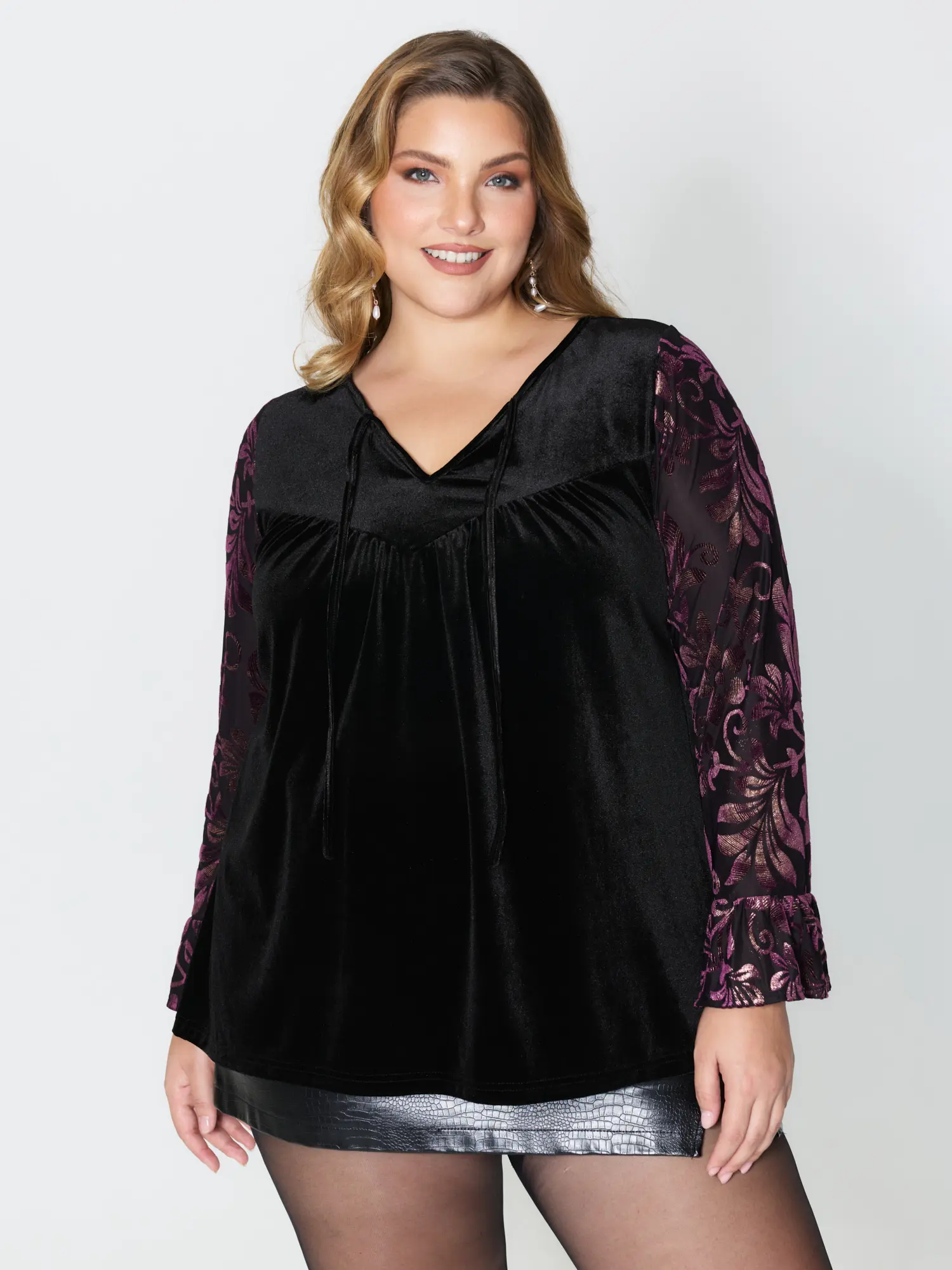 BloomChic Women's Plus Size Party Velvet Blouse, Regular Fit with a Tie Knot V-Neck Cut-Out and Contrast Lantern Sleeves, Blouses, Long Sleeves, Contrast Texture, Women's Tops And Blouses