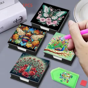 1 DIY colorful peacock/bee/butterfly/patterned diamond art painted note paper storage box, crystal rhinestone note holder organizer's home office desk accessory Stationary Organizer Holder Office Supplies