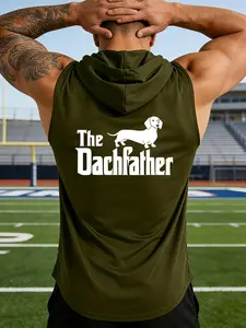 "The Dachfather" Funny Slogan Back Print Men's Hooded Sleeveless Vest, Cute Style Eye-Catching Daily Wear, Gift for Humor Lovers / Father's Day / Holidays, Suitable for Casual / Commute