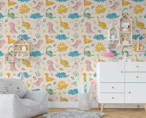 Cute Baby Dinosaurus Wallpaper Panels, Nursery Wallpaper, Kids Room Wallpaper, Boy Room Wallpaper, Peel and Stick