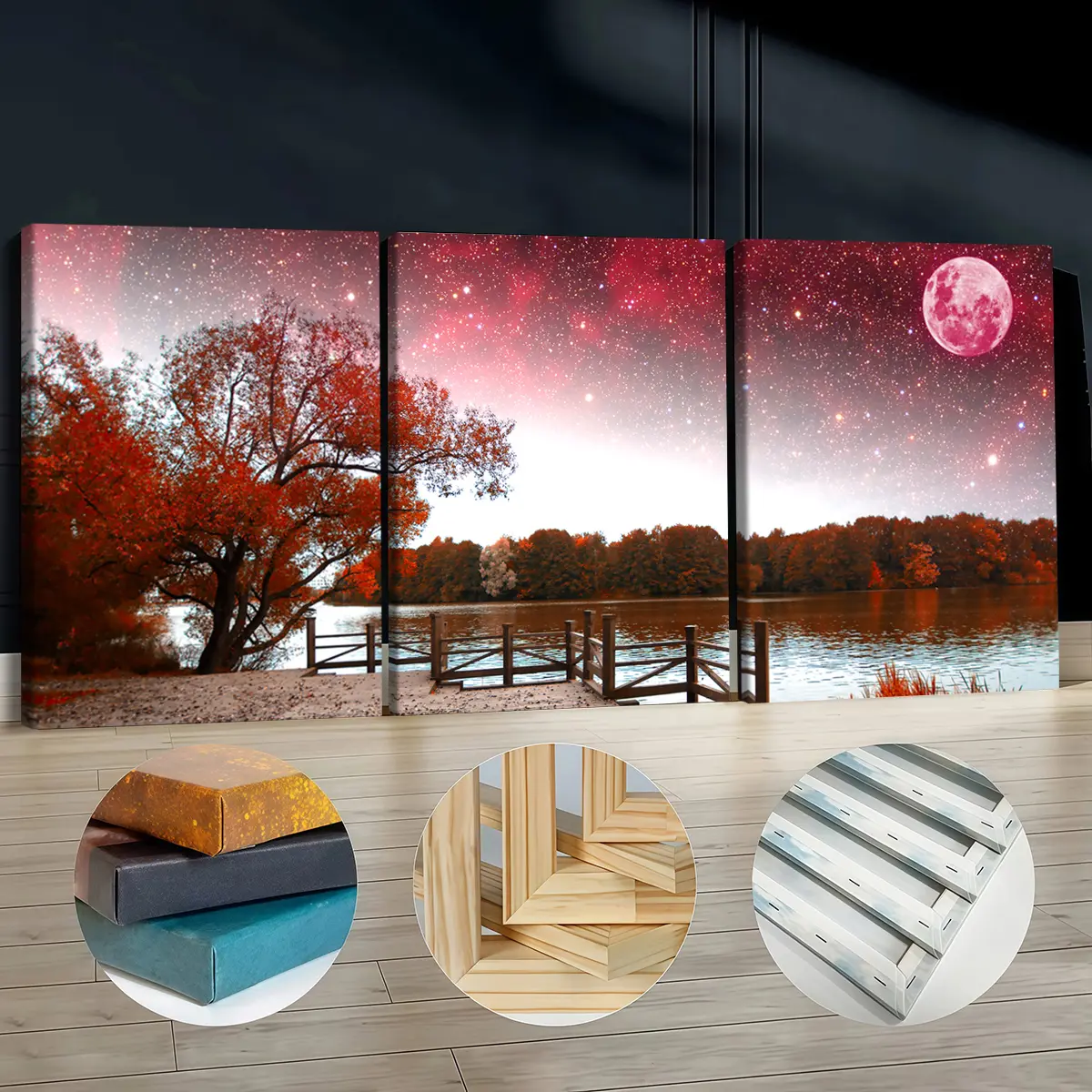 3Pcs Artistic Wooden-Framed Canvas Print Set - Autumn Lake Night with Blush Pink Moon & Stars, Waterproof Odorless Home Supplies Wall Art, 30*40cm(11.8*15.7inch) Photo for Living Room, Kid Room Decoration, Pine Wood