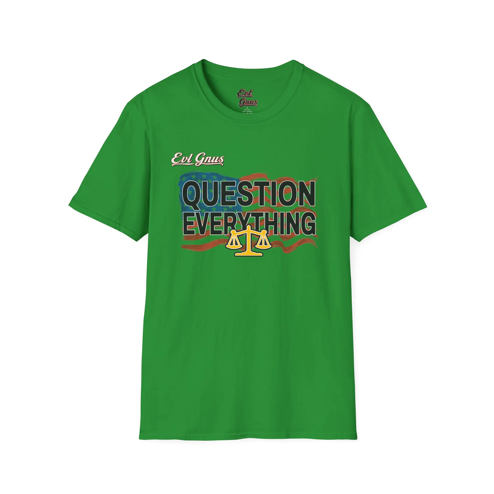 Question Everything tee | American flag graphic T-Shirt with scales of justice