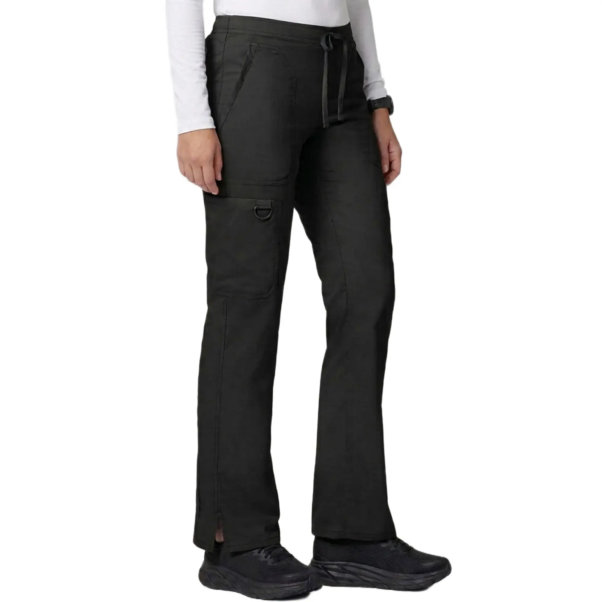 Women's Basic Flare Leg Scrub Pants in Solid Stretch Fabric with a Drawstring Waist, Cargo Pockets, and Relaxed Fit, Comfortable, Breathable, Full-Length, Polyester Spandex, All Seasons, Casual, Flared Legs, Machine Washable