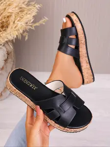 Women's Round Toe Open Toe Wooden Texture Thick Sole Wedge Sandals, Summer Fashion Casual Beach Shoes for Indoor Outdoor